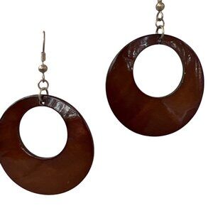 Vintage Copper Dyed Shell Dangle Earrings Silver Tone Hoops Circle 2.5" Estate